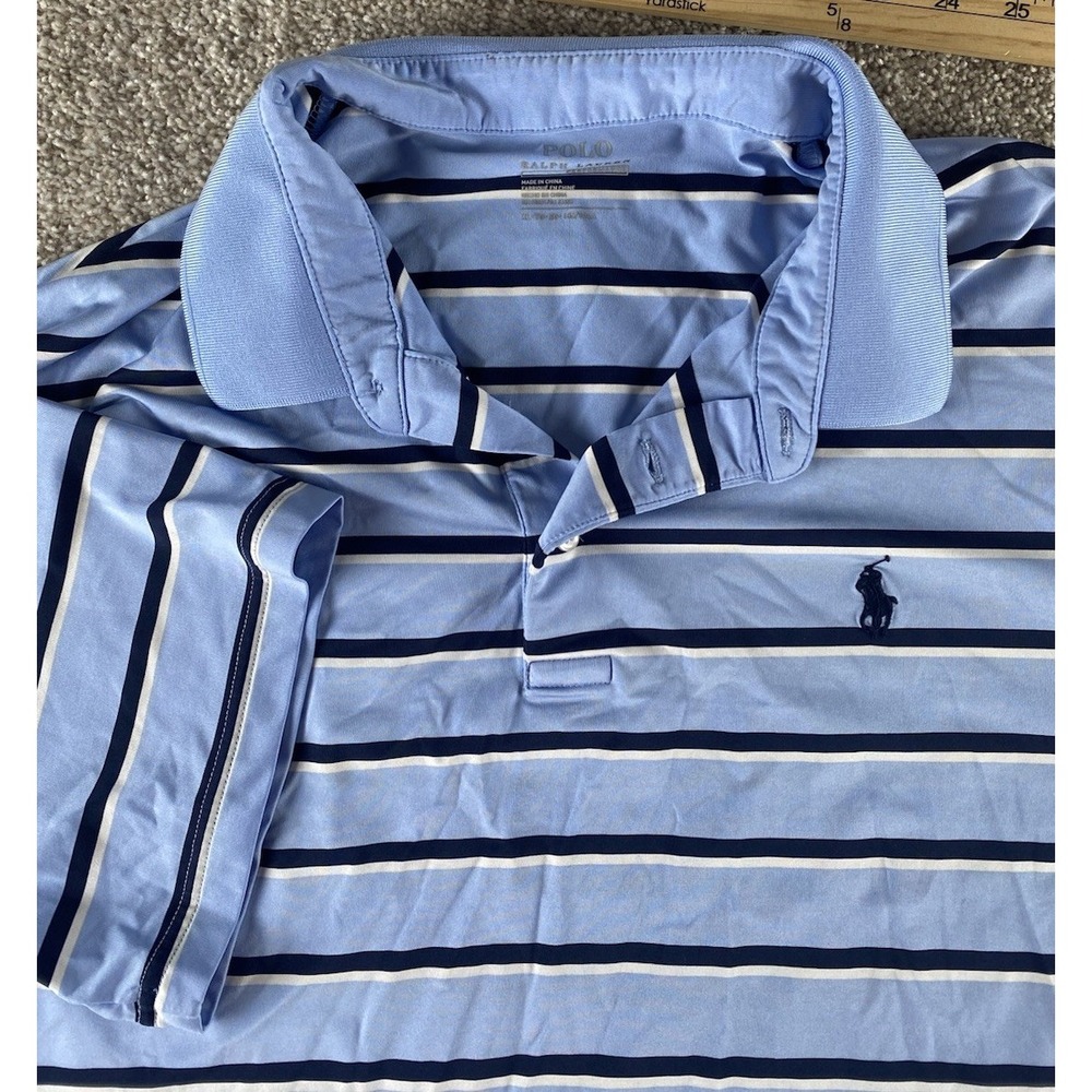 Polo Ralph Lauren Blue Striped Performance Polo Mens XL Preppy Work Blue Pony